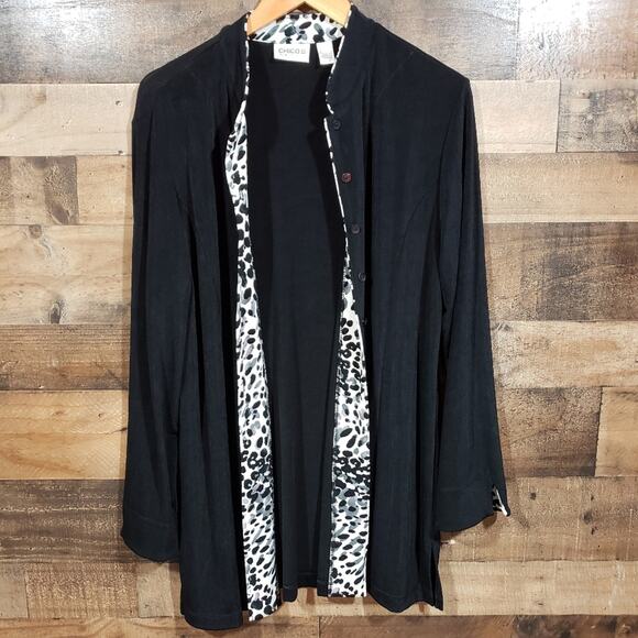 Chico's travelers tunic 3'4" button front shirt with animal print womans size 12 - Picture 5 of 9